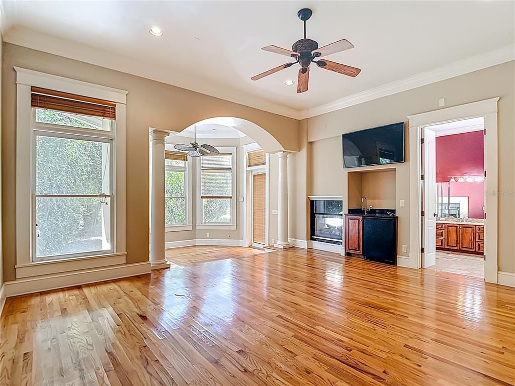 Empty room, Fireplace, Interior, Recessed Lighting, Wood Texture Flooring