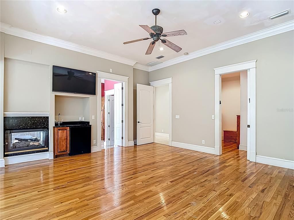 Empty room, Fireplace, Interior, Recessed Lighting, Wood Texture Flooring