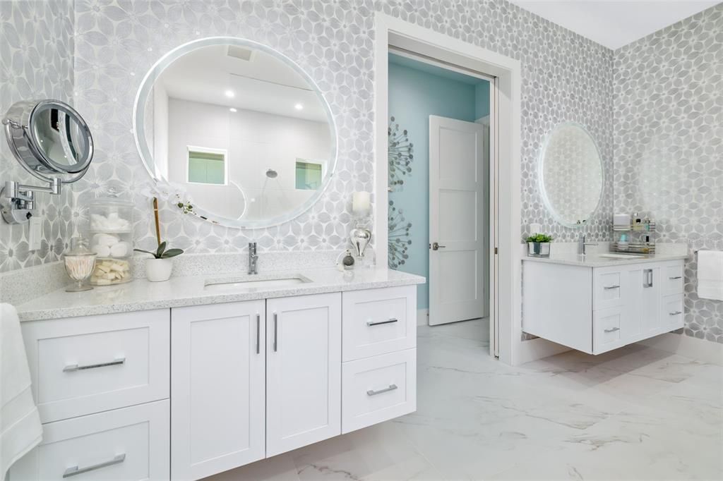 Bathroom, Dual Sink Vanities, Interior, Marble, Recessed Lighting