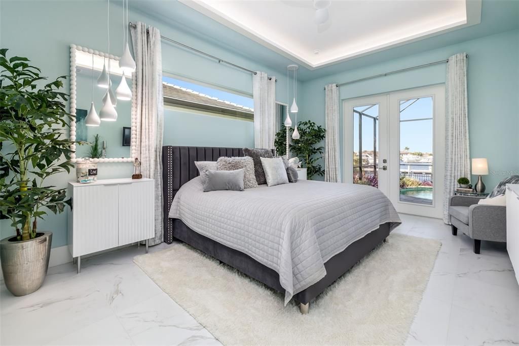 Bedroom, Interior, Marble, Pendant Lights, Water