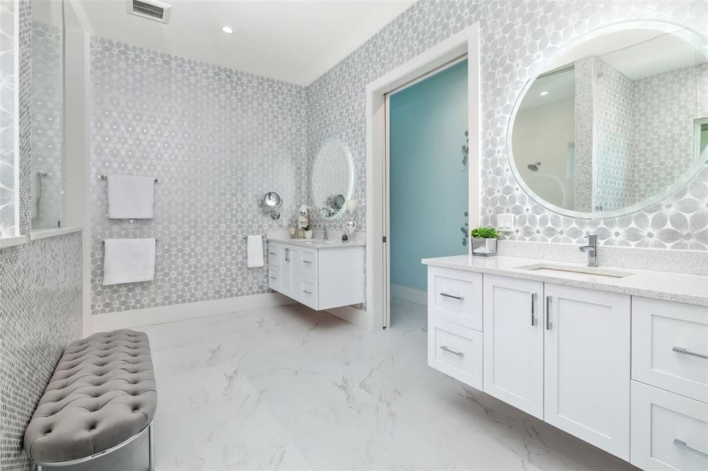 Bathroom, Dual Sink Vanities, Interior, Marble, Recessed Lighting