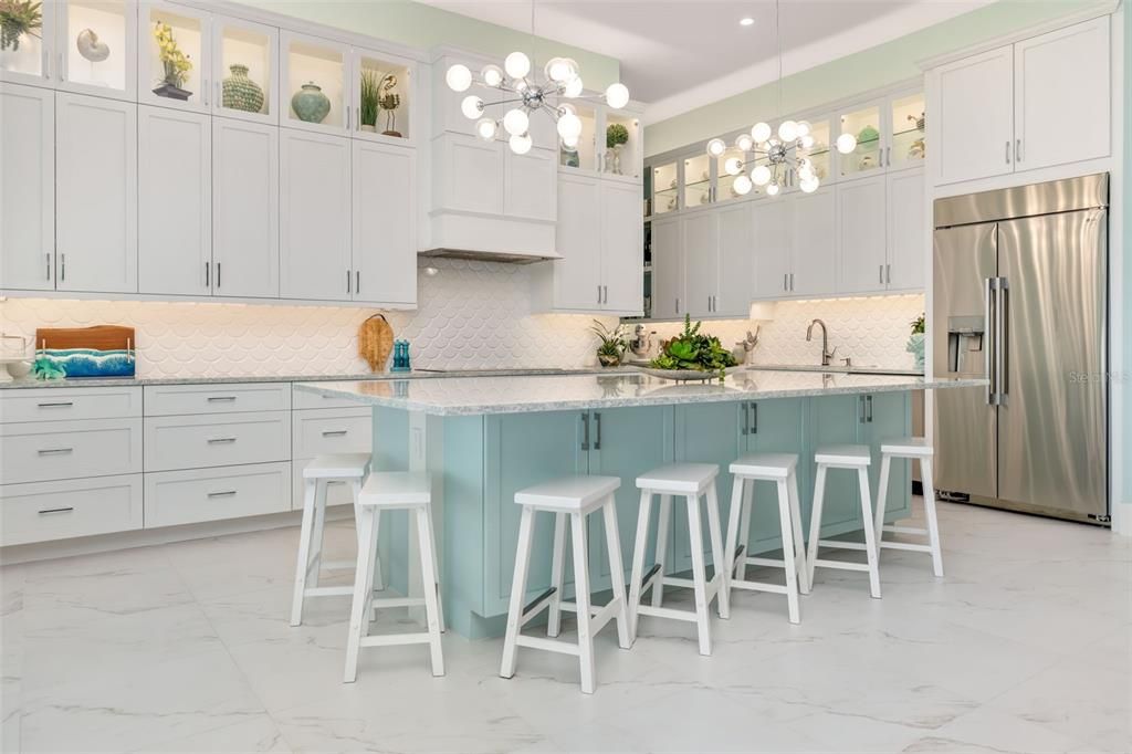 Interior, Kitchen, Marble, Pendant Lights, Recessed Lighting, Stainless Steel Appliances