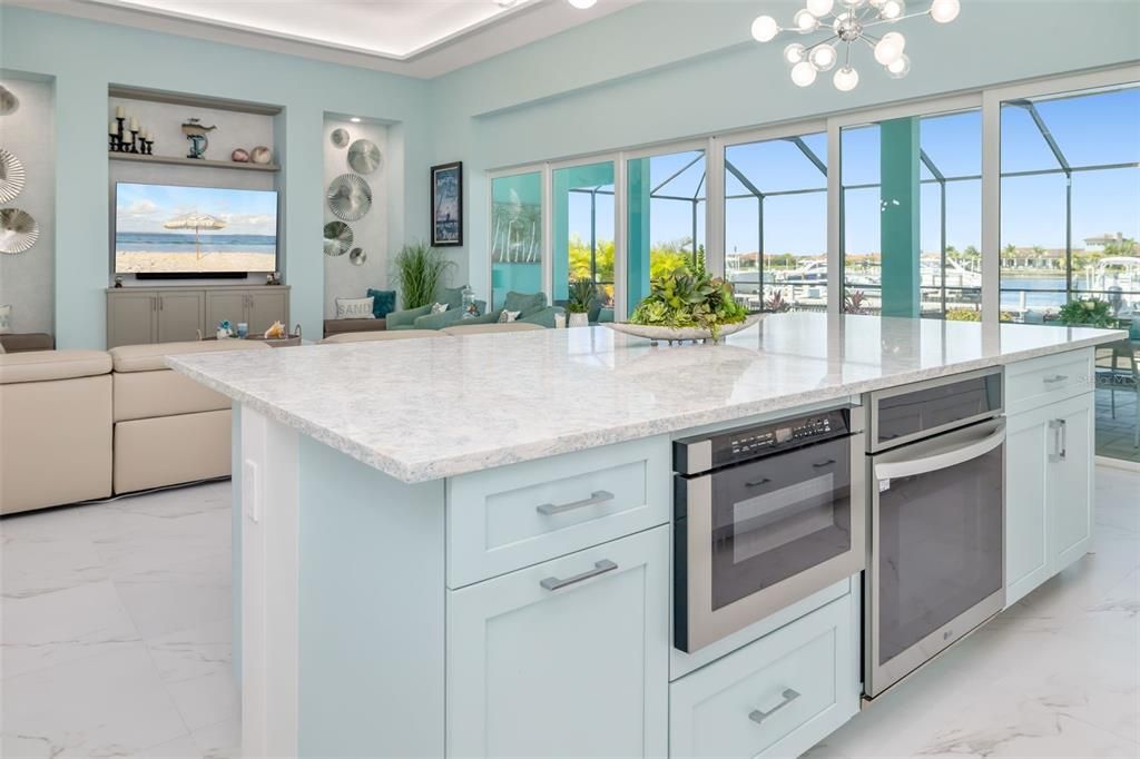 Glass Ceilings, Interior, Kitchen, Living room, Marble, Pendant Lights, Stainless Steel Appliances, Sun Room, Water