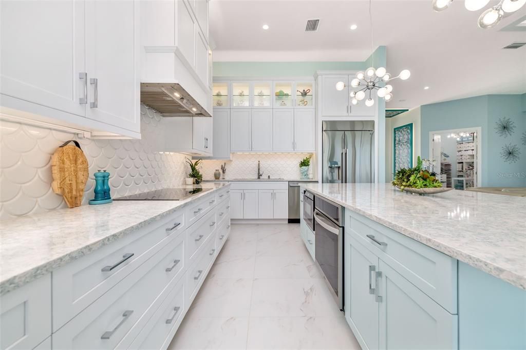 Interior, Kitchen, Marble, Pendant Lights, Recessed Lighting, Stainless Steel Appliances