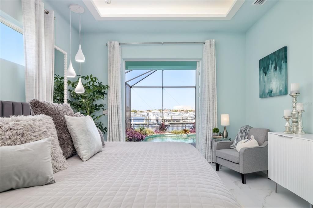 Bedroom, Interior, Marble, Pendant Lights, Water