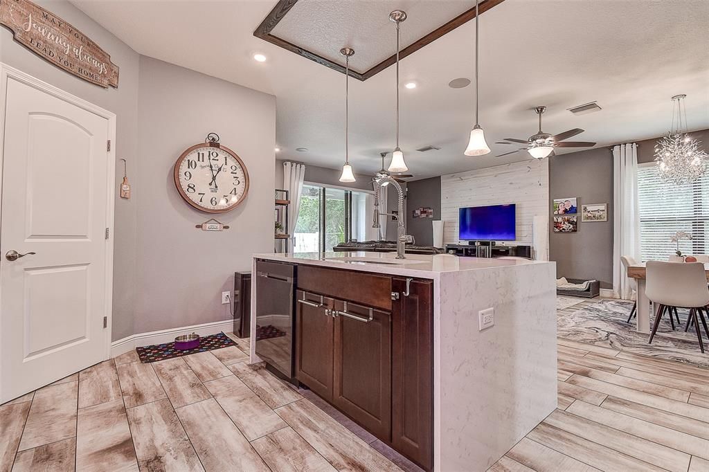 Chandelier, Interior, Kitchen, Pendant Lights, Recessed Lighting, Wood Texture Flooring