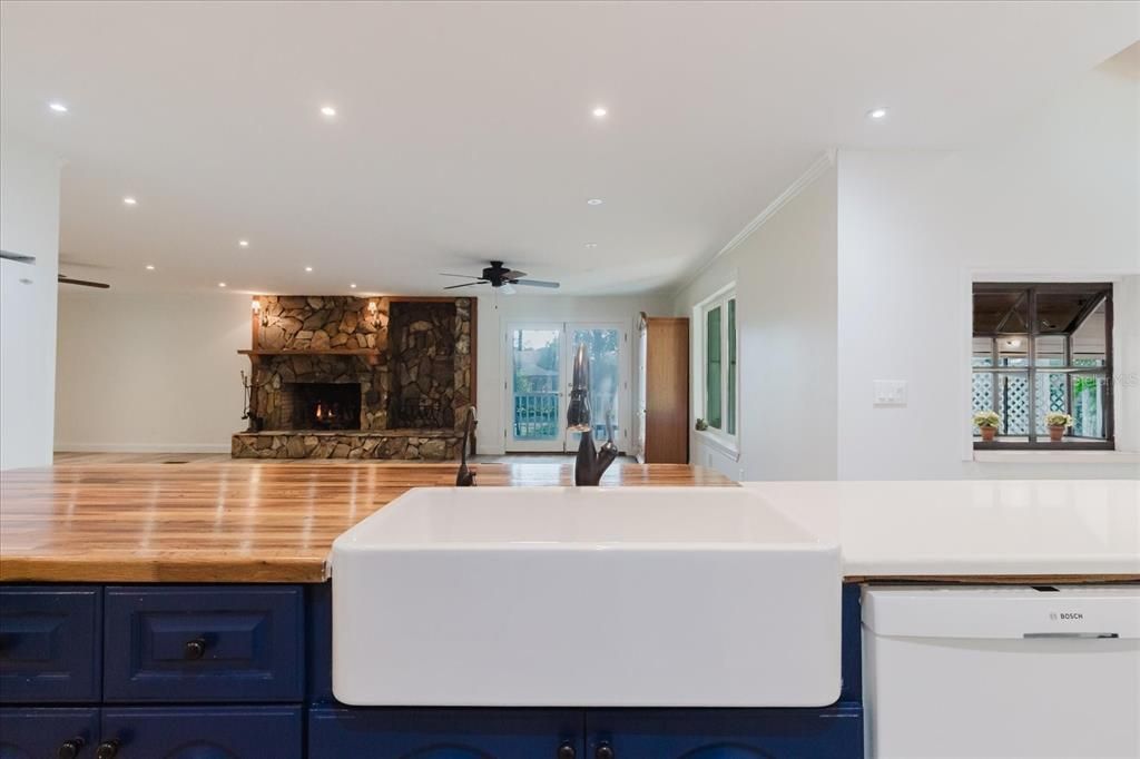 Fireplace, Interior, Kitchen, Recessed Lighting, Stone Walls