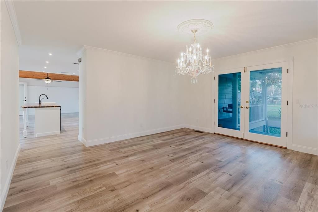 Chandelier, Empty room, Interior, Recessed Lighting, Wood Texture Flooring