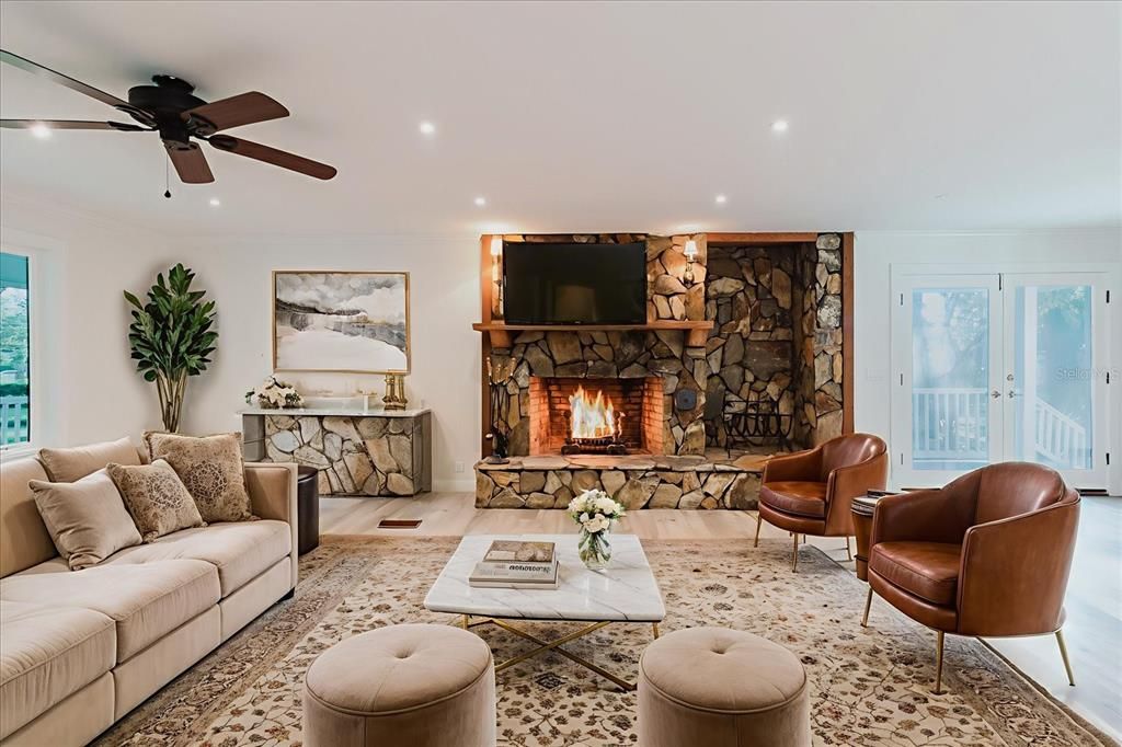 Fireplace, Interior, Living room, Recessed Lighting, Stone Walls