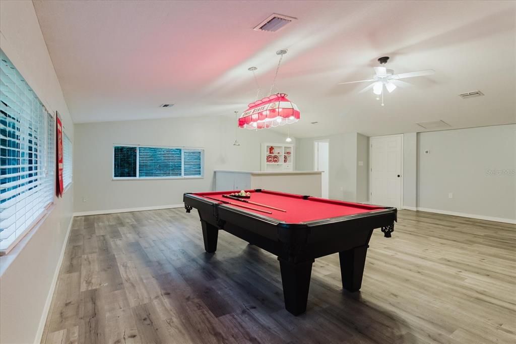 Billiard Table, Game Room, Interior, Pendant Lights, Wood Texture Flooring
