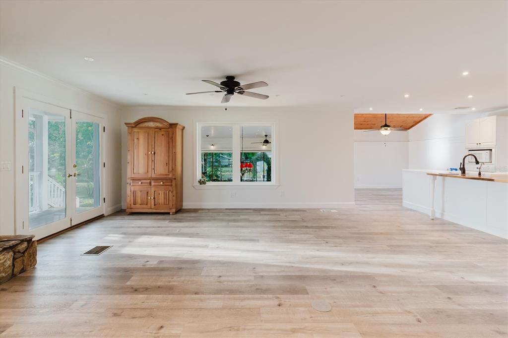 Empty room, Interior, Kitchen, Recessed Lighting, Wood Texture Flooring