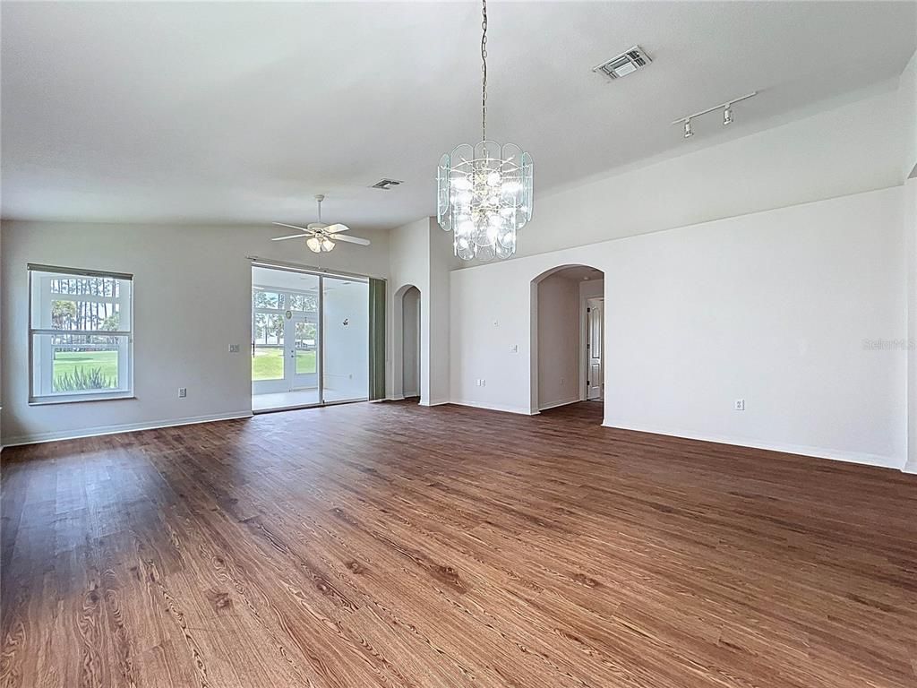 Chandelier, Empty room, Interior, Pendant Lights, Wood Texture Flooring