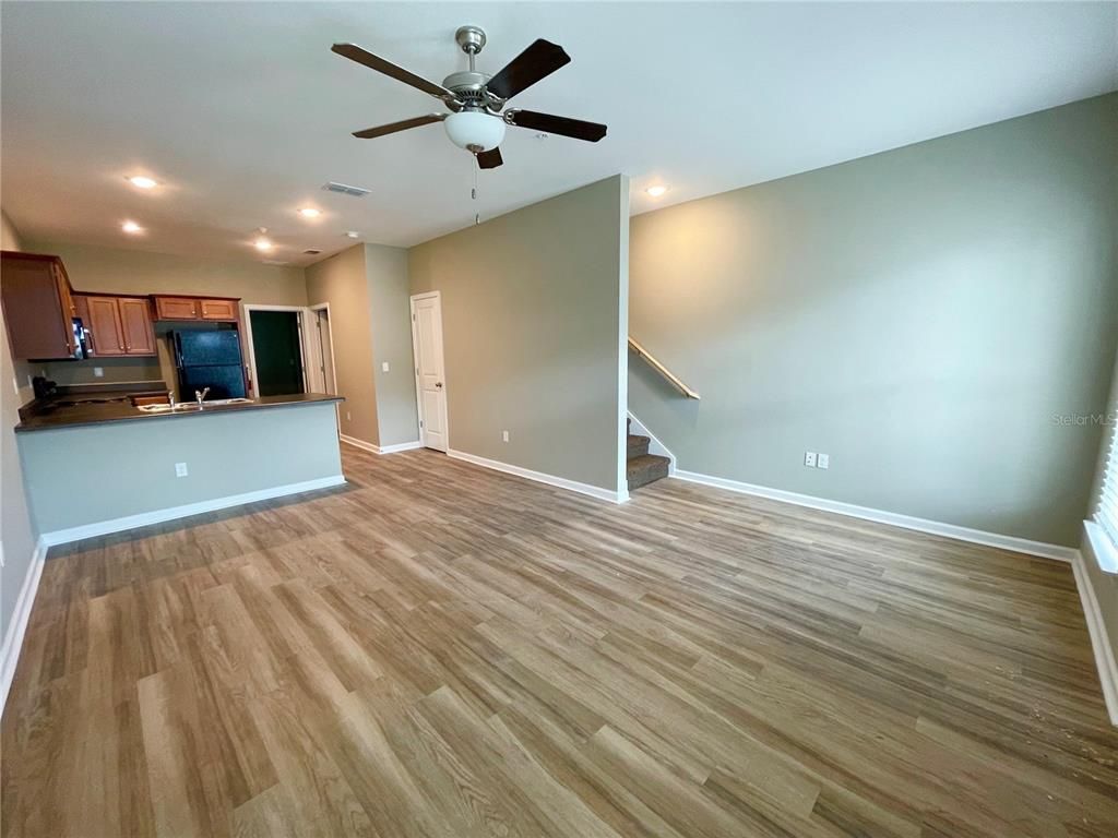 Empty room, Interior, Kitchen, Recessed Lighting, Wood Texture Flooring