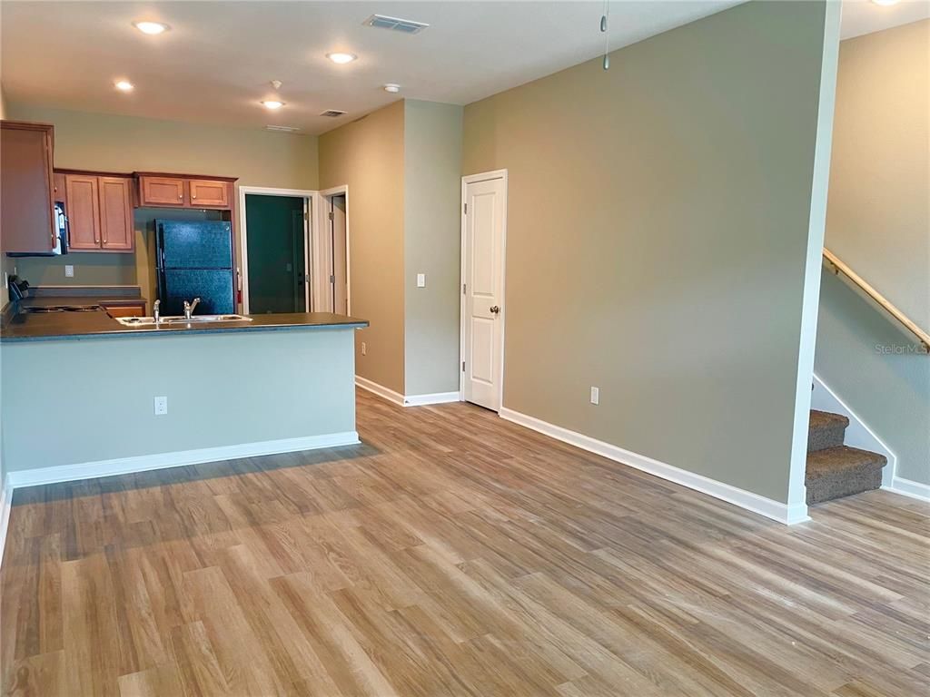 Empty room, Interior, Kitchen, Recessed Lighting, Wood Texture Flooring
