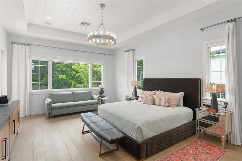 Bedroom, Chandelier, Interior, Pendant Lights, Recessed Lighting, Wood Texture Flooring