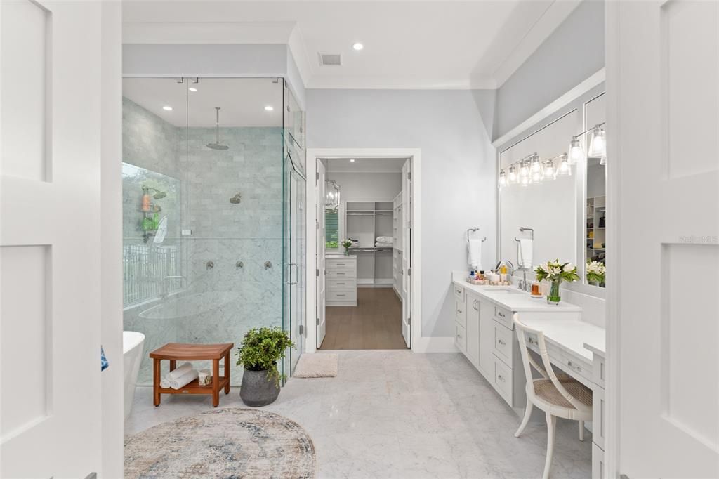 Bathroom, Glass Shower, Interior, Marble Walls, Recessed Lighting, Wood Texture Flooring