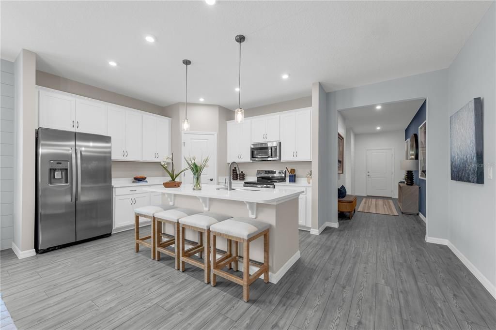Interior, Kitchen, Pendant Lights, Recessed Lighting, Stainless Steel Appliances, Wood Texture Flooring