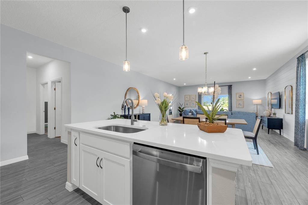 Chandelier, Dining room, Interior, Kitchen, Pendant Lights, Recessed Lighting, Stainless Steel Appliances, Water, Wood Texture Flooring