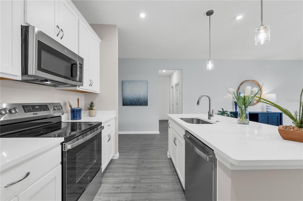 Interior, Kitchen, Pendant Lights, Recessed Lighting, Stainless Steel Appliances, Wood Texture Flooring
