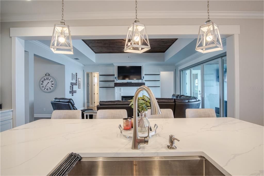 Dining room, Fireplace, Interior, Pendant Lights, Wooden Ceilings