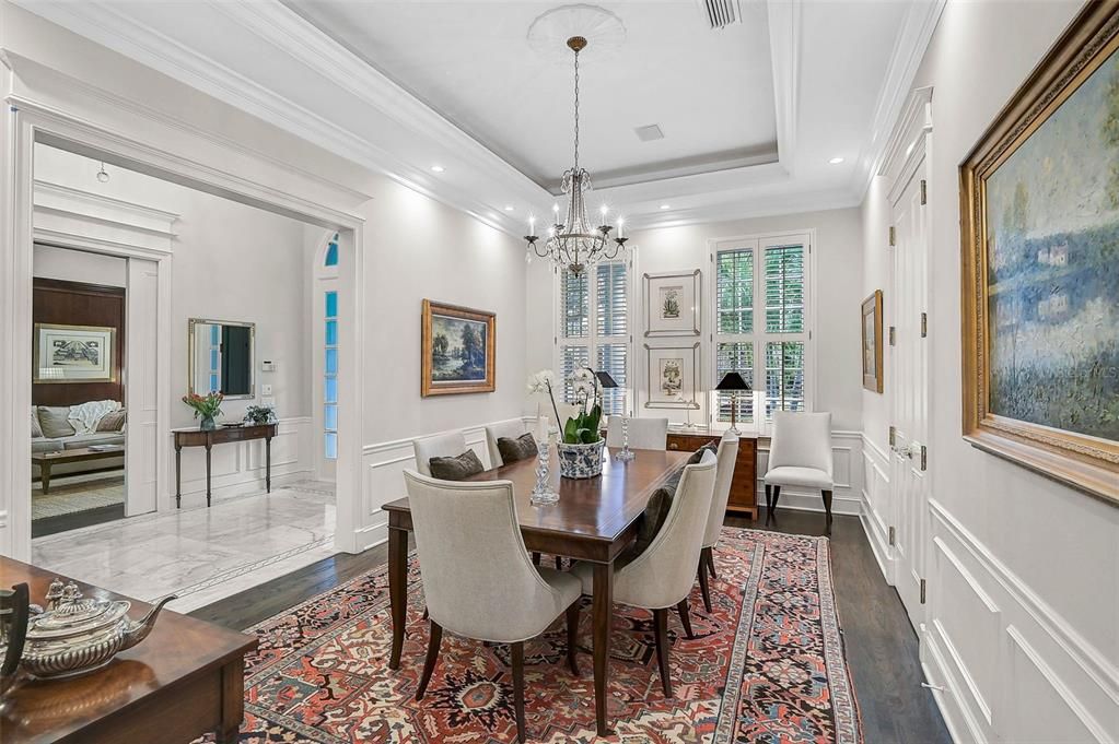 Chandelier, Dining room, Interior, Marble, Recessed Lighting, Wood Texture Flooring