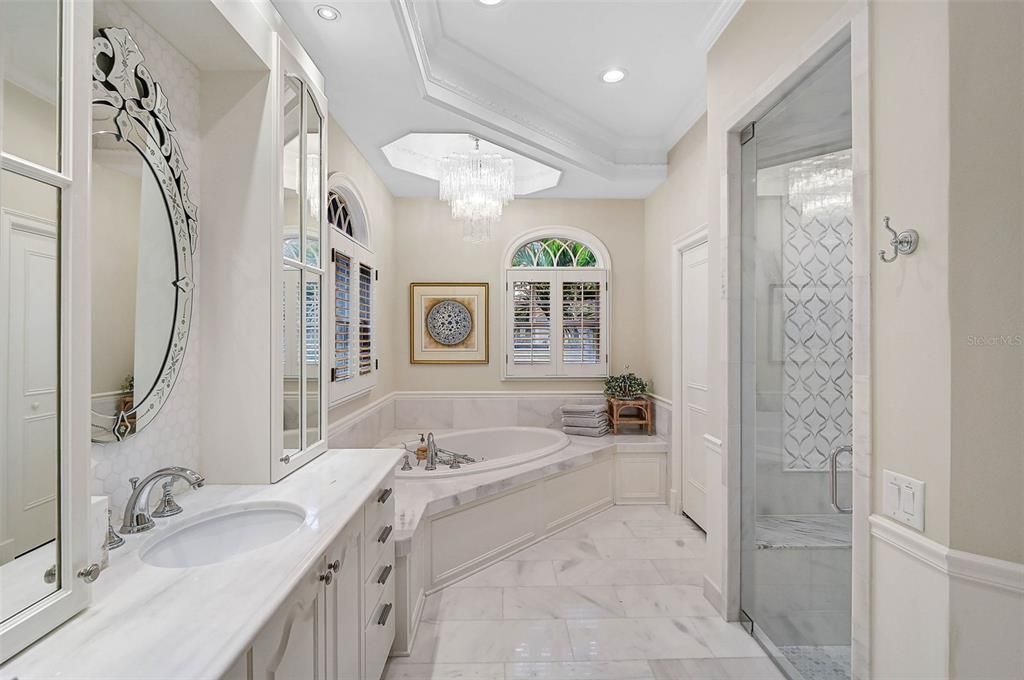 Bathroom, Chandelier, Dual Sink Vanities, Interior, Marble, Recessed Lighting