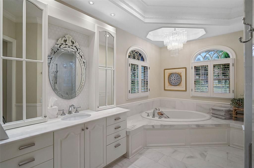 Bathroom, Chandelier, Dual Sink Vanities, Interior, Marble, Recessed Lighting