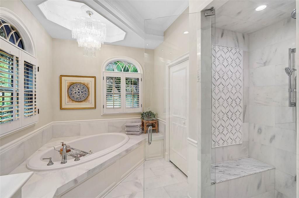 Bathroom, Chandelier, Interior, Marble, Marble Walls, Recessed Lighting