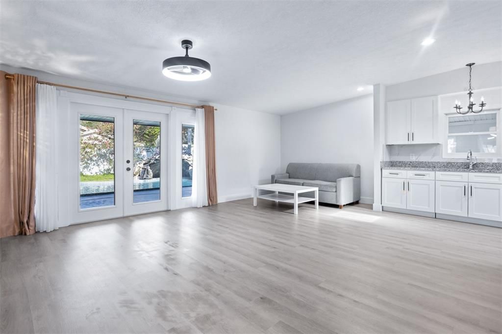 Chandelier, Empty room, Interior, Recessed Lighting, Wood Texture Flooring
