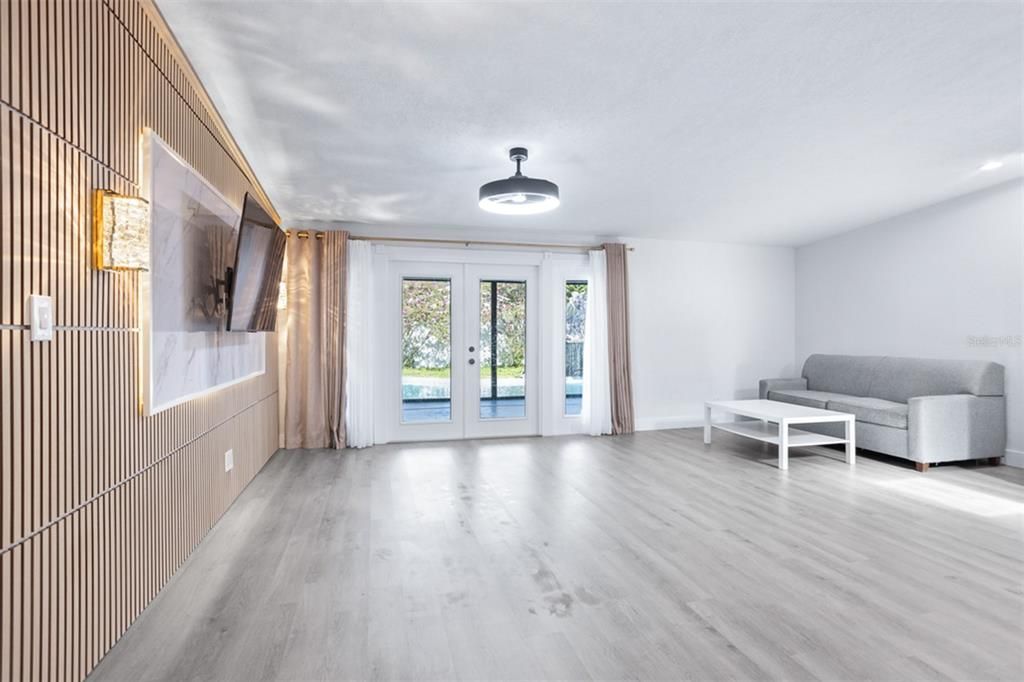 Empty room, Interior, Living room, Recessed Lighting, Wood Texture Flooring