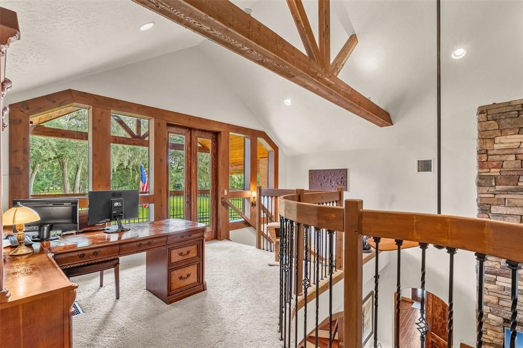 Home Office, Interior, Recessed Lighting, Stone Walls, Wooden Beams