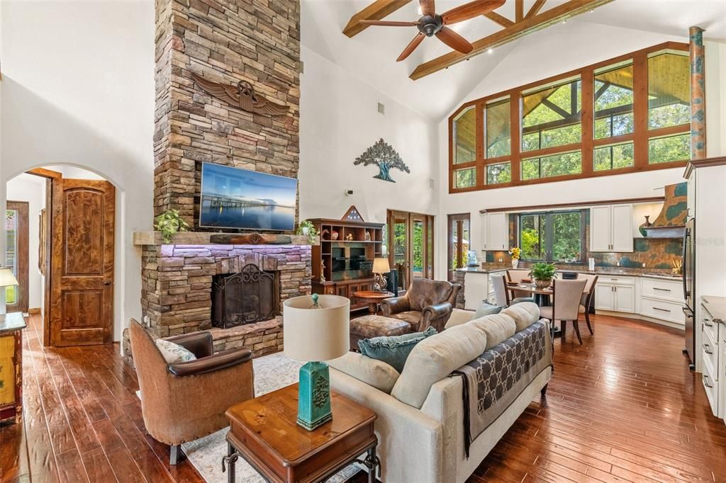 Dining room, Fireplace, Interior, Kitchen, Living room, Stone Walls, Wooden Beams, Wood Texture Flooring