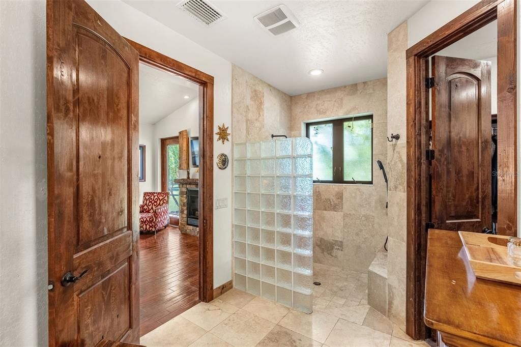 Bathroom, Glass Shower, Interior, Recessed Lighting, Wood Texture Flooring