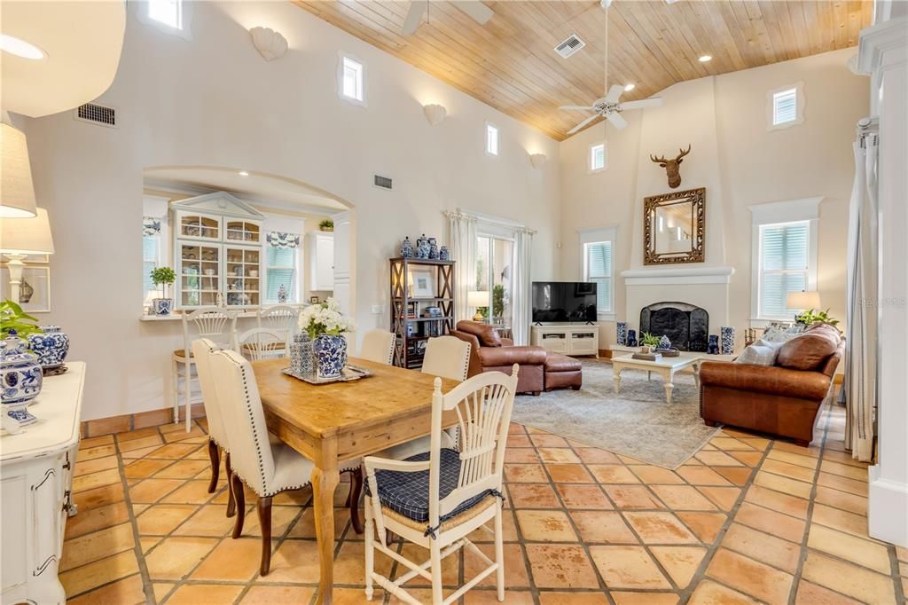 Dining room, Fireplace, Interior, Living room, Recessed Lighting, Wooden Ceilings