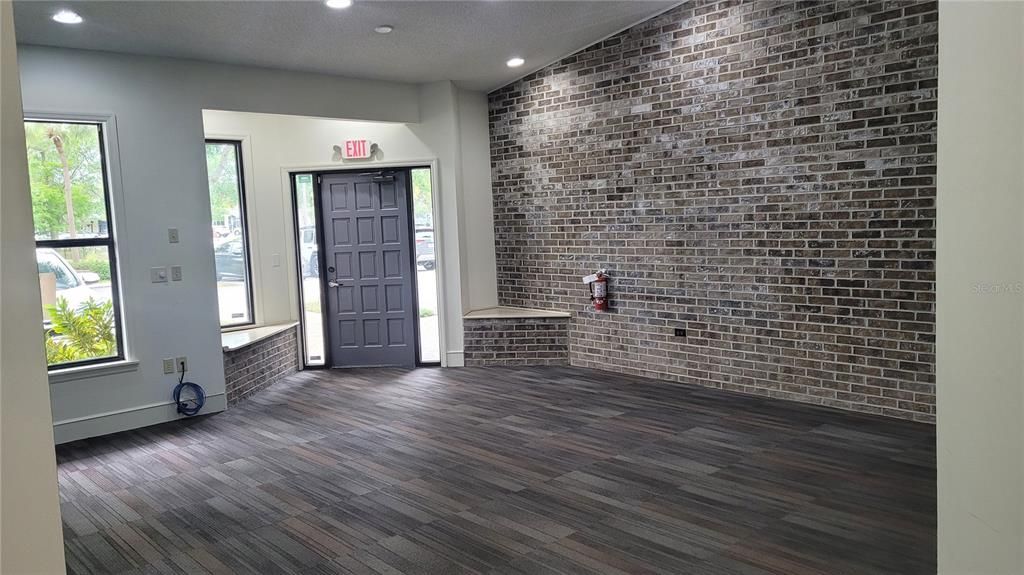 Empty room, Interior, Recessed Lighting, Stone Walls, Wood Texture Flooring