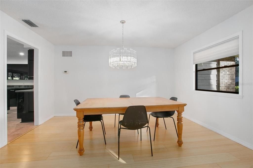 Chandelier, Dining room, Interior, Recessed Lighting, Wood Texture Flooring