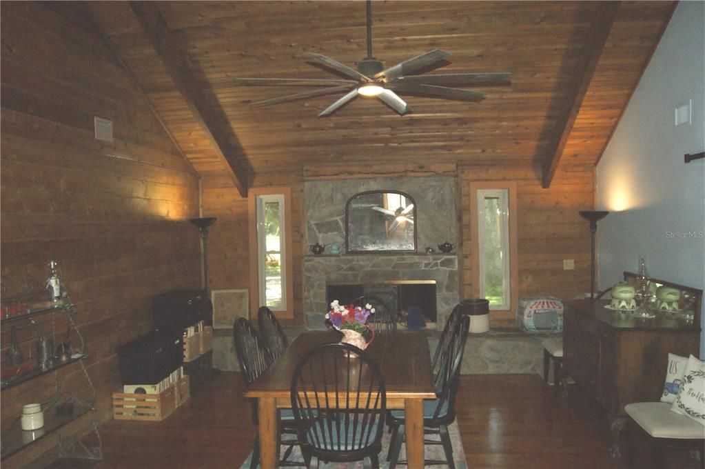 Dining room, Fireplace, Interior, Wooden Beams, Wooden Ceilings, Wood Texture Flooring, Wooden Walls