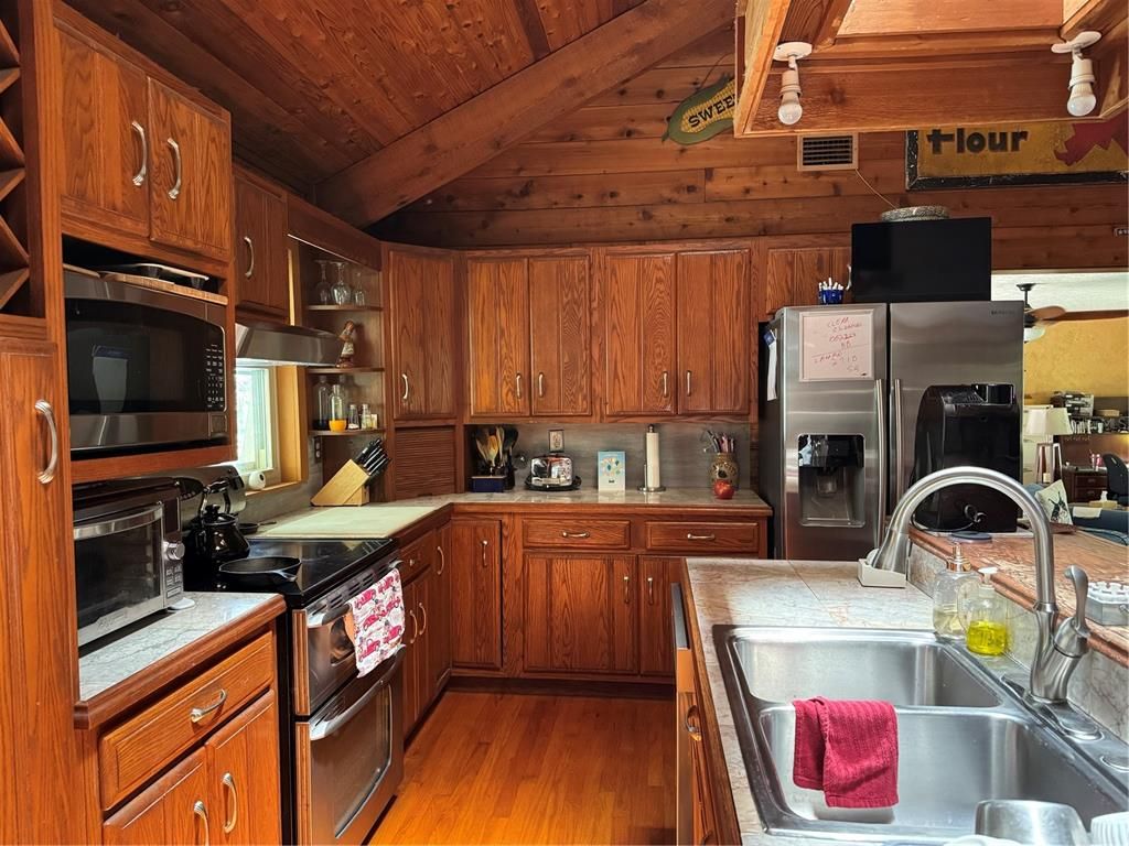 Interior, Kitchen, Tile Countertops, Wooden Ceilings, Wood Texture Flooring