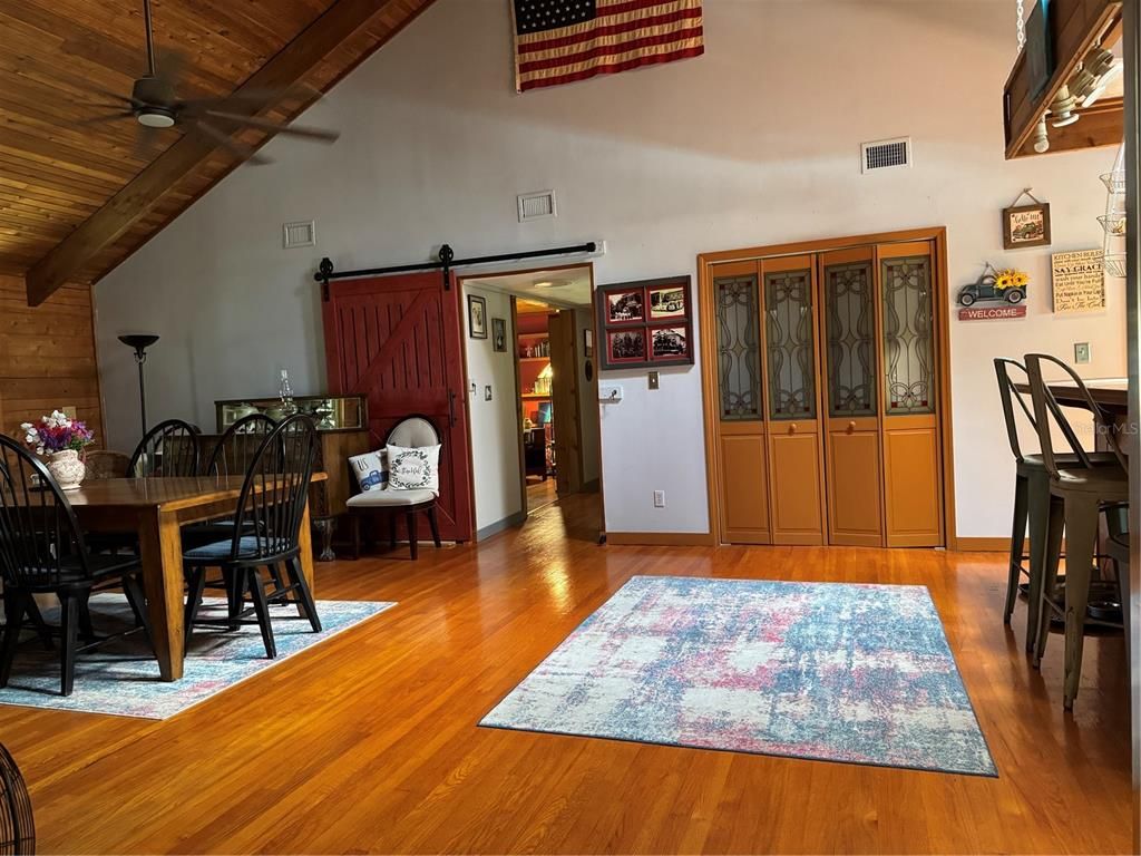 Dining room, Fireplace, Interior, Wooden Beams, Wood Texture Flooring