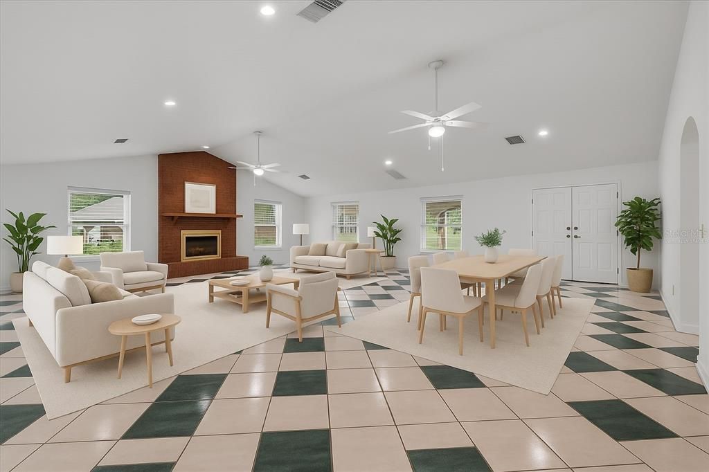 Dining room, Fireplace, Interior, Living room, Recessed Lighting
