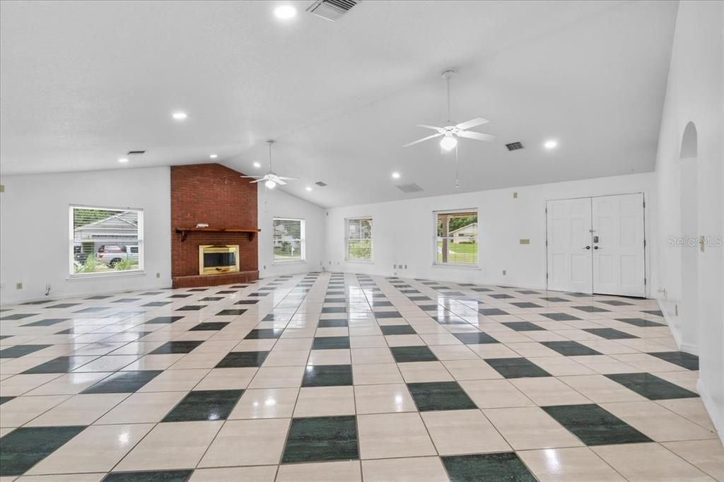 Empty room, Fireplace, Interior, Recessed Lighting, Stone Walls