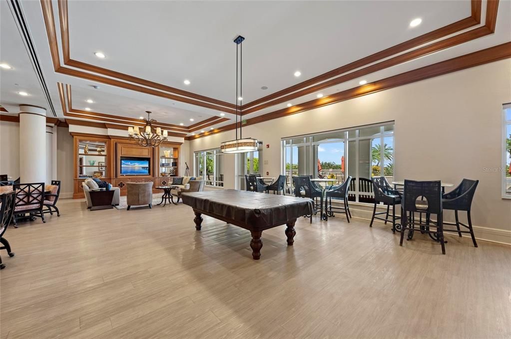 Billiard Table, Chandelier, Dining room, Game Room, Interior, Living room, Pendant Lights, Recessed Lighting, Wood Texture Flooring