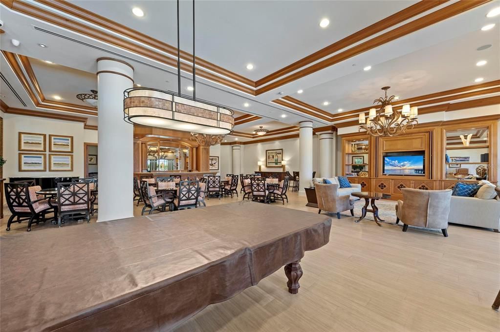 Billiard Table, Chandelier, Dining room, Interior, Living room, Recessed Lighting, Wood Texture Flooring