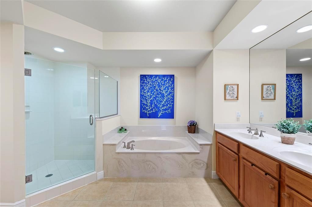 Bathroom, Dual Sink Vanities, Glass Shower, Interior, Recessed Lighting