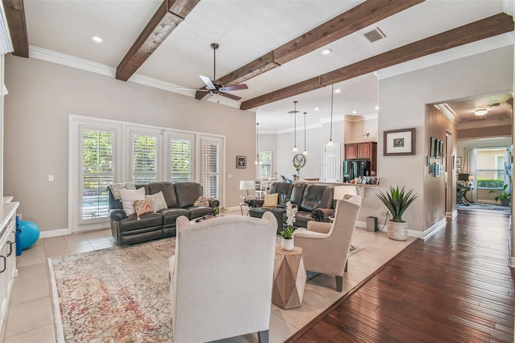 Interior, Kitchen, Living room, Pendant Lights, Recessed Lighting, Wooden Beams, Wood Texture Flooring