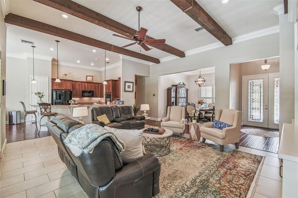 Dining room, Interior, Kitchen, Living room, Pendant Lights, Recessed Lighting, Stainless Steel Appliances, Wooden Beams
