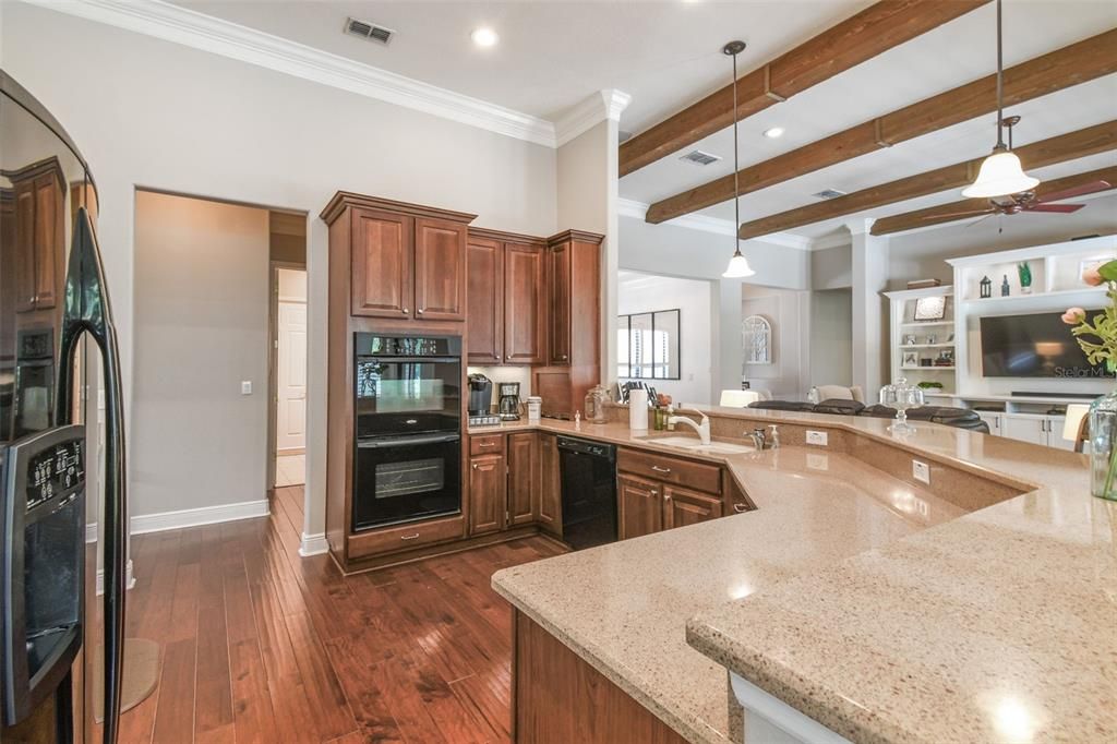 Interior, Kitchen, Pendant Lights, Recessed Lighting, Wooden Beams, Wood Texture Flooring