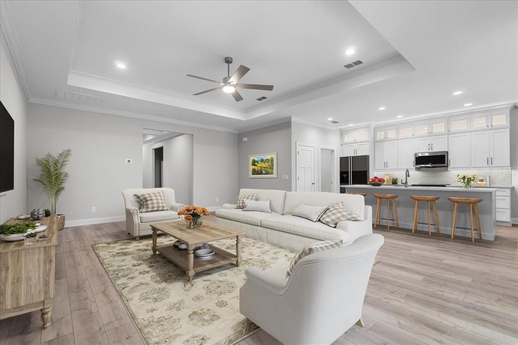 Interior, Kitchen, Living room, Recessed Lighting, Wood Texture Flooring
