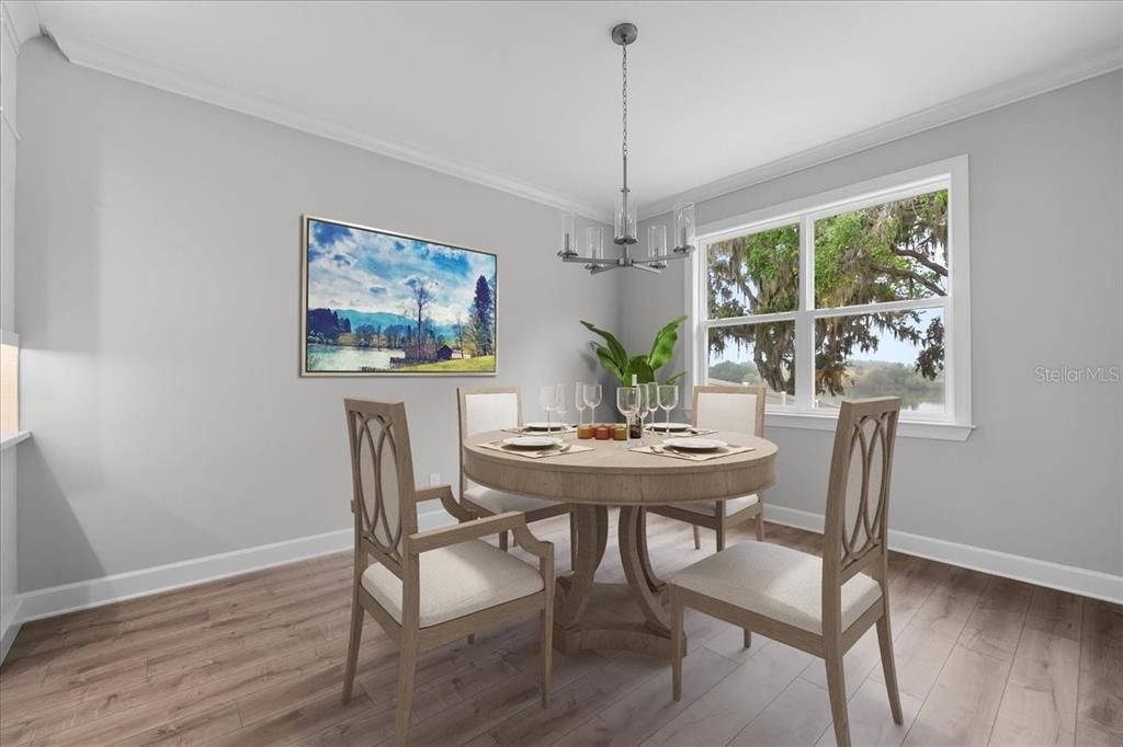 Dining room, Interior, Pendant Lights, Wood Texture Flooring