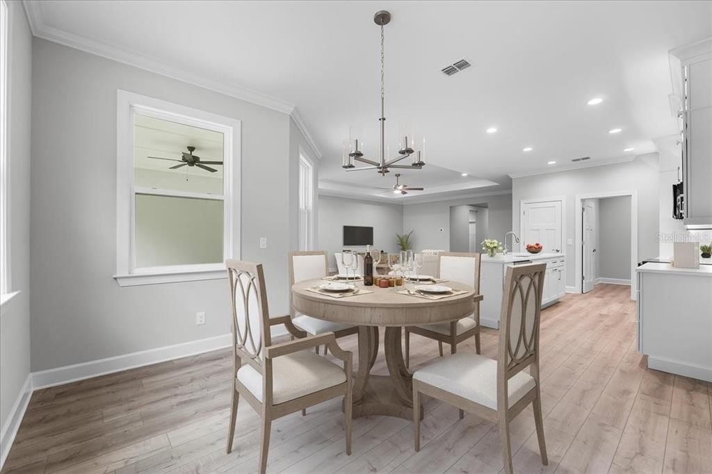 Dining room, Interior, Pendant Lights, Recessed Lighting, Wood Texture Flooring
